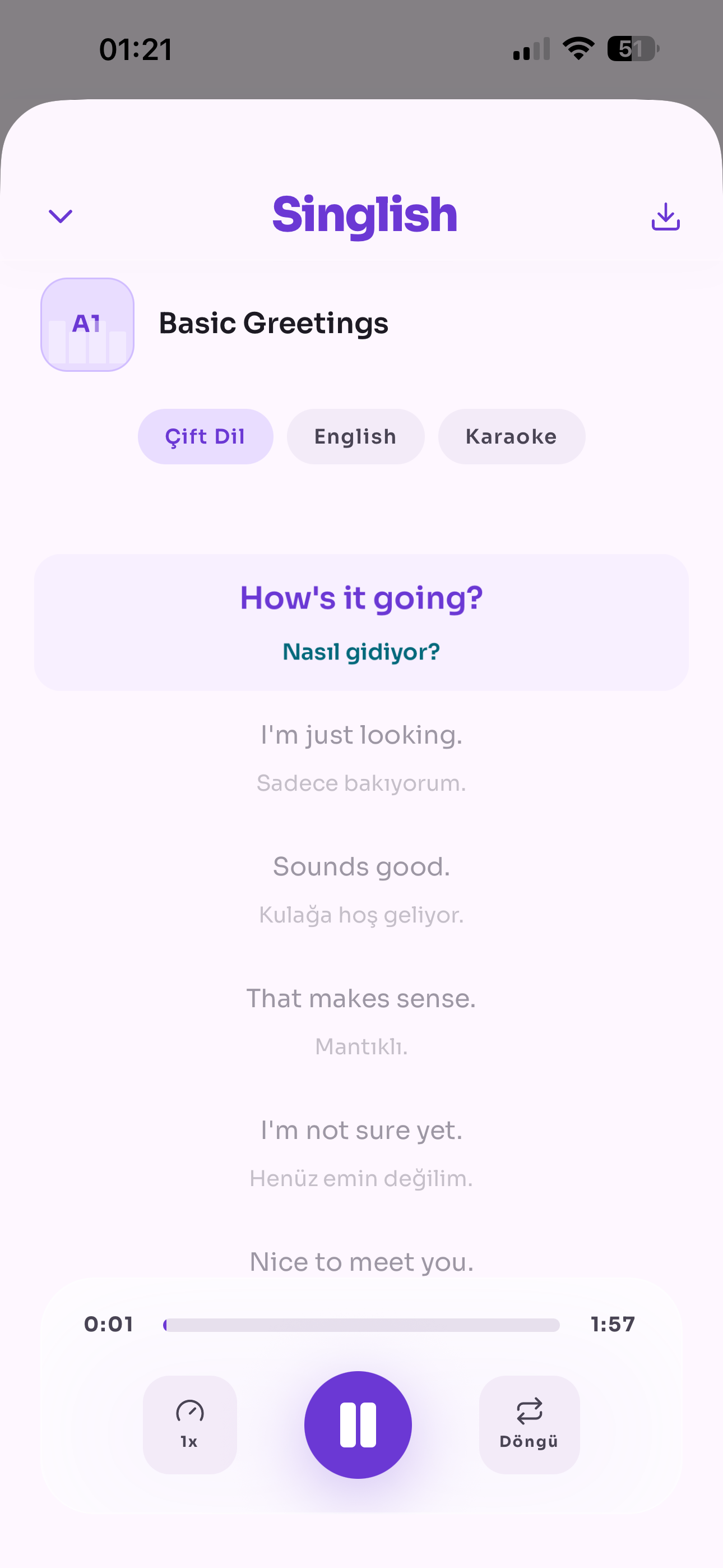 Singlish Şarkı Çalar Ekranı